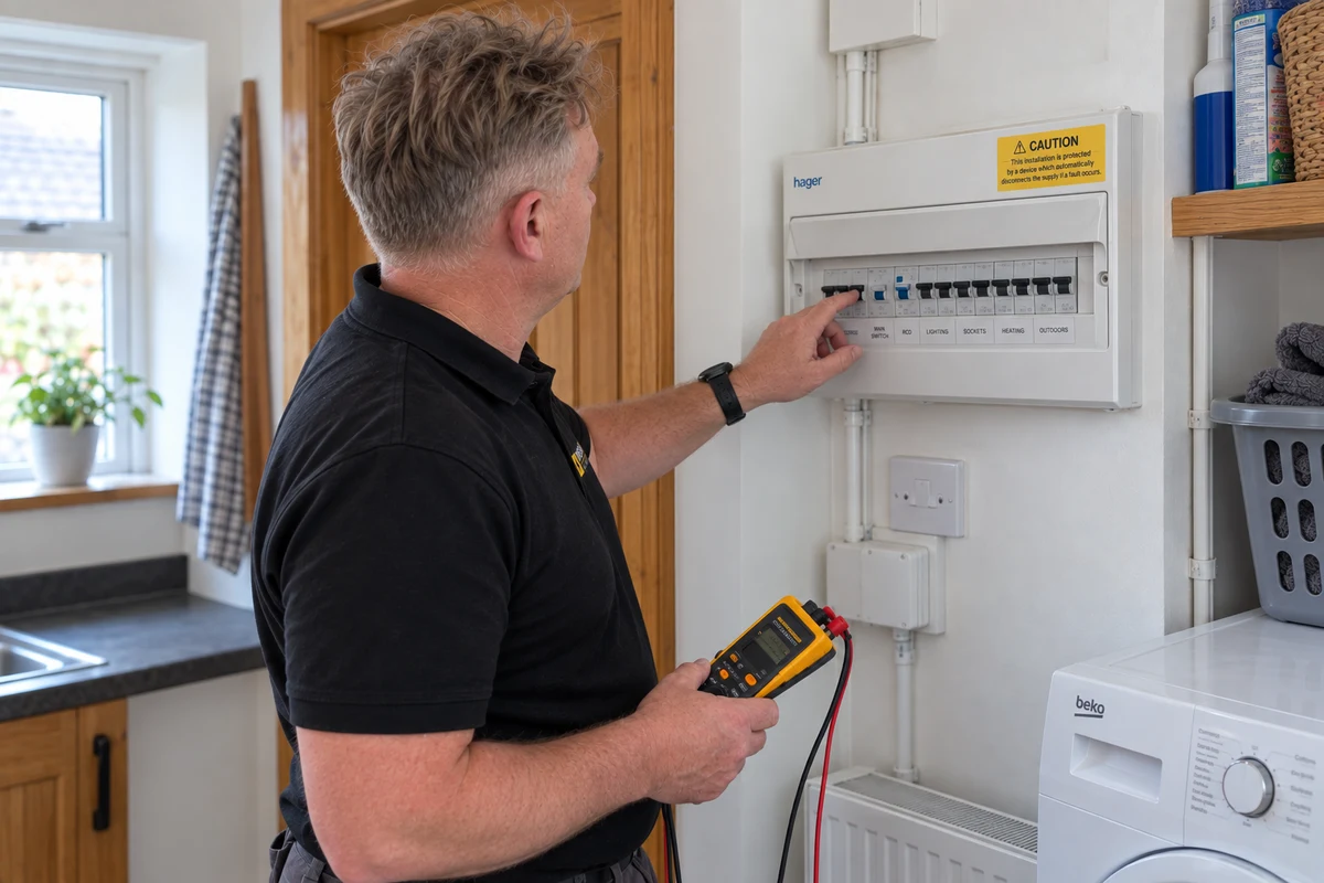 James checking the consumer unit while holding an electrical tester