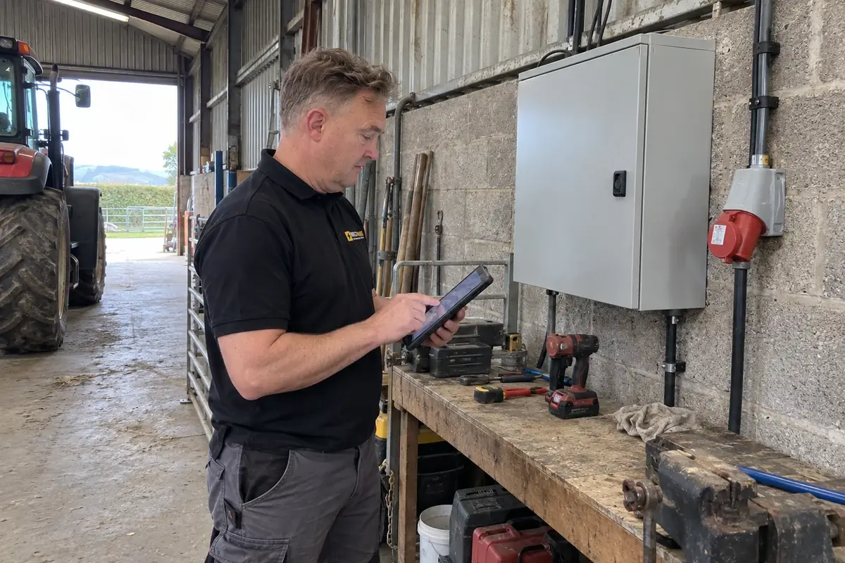 James checking electrical equipment inside a Scottish farm workshop