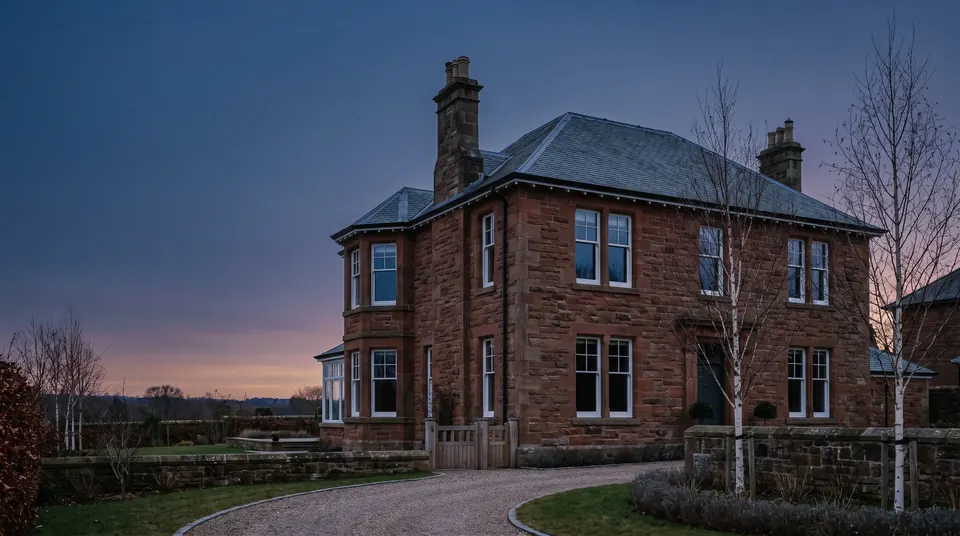 A red sandstone villa in Angus at dusk